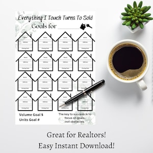 May include: A printable real estate goal tracker with a black and white house design. The tracker includes space to write the name, address, and closing date for 16 properties. The text "Everything I Touch Turns To Sold" and "Goals for" is at the top of the page. The text "Volume Goal $" and "Units Goal #" is at the bottom of the page. The text "The key to success is to focus on goals, not obstacles." is also at the bottom of the page.
