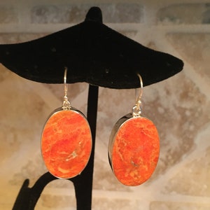 May include: A pair of silver dangle earrings with oval-shaped orange coral stones.
