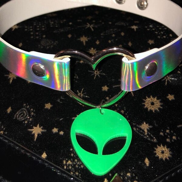 Alien Choker Holographic Silver Neon Green 1 1/4 Alien Charm Lady Gaga Rave Party Club Necklace Jewelry Love