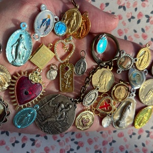 Lovely French Vintage Religious Charms in great condition various metals gold silver roses lockets holy mary jesus god antique Mystery box