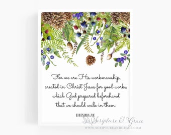 Ephesians 2:10 | Printed Wall Art, 8x10 inches | We are His Workmanship | Forest Theme Watercolor | Bible Verse Wall Art Print