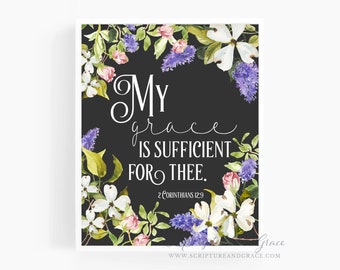 2 Corinthians 12:9 | Printed Wall Art, 8x10 inches| My Grace is Sufficient | Lilac and Dogwood Watercolor | Bible Verse Wall Art Print