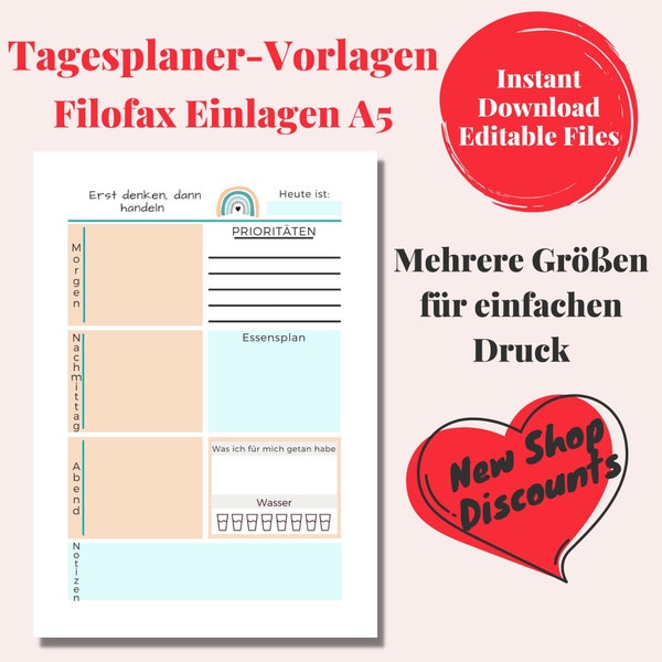 Filofax Einlagen A5, Tagesplaner Druckbar PDF A4 und A5, Kalender Einleger Tagesansicht, Undatiert & Editierbar, Deutsche Version