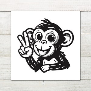 May include: A black and white illustration of a monkey making a peace sign with its hand. The monkey has a big smile and is looking directly at the viewer.