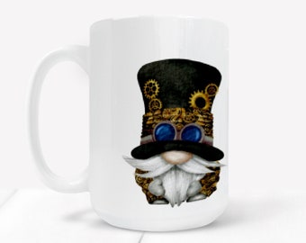 Gnome Design mug, 15oz white ceramic mug, Coffee Mug, large Tea Mug, Cup with Gnome Design, Dishwasher and Microwave safe, Steampunk mug