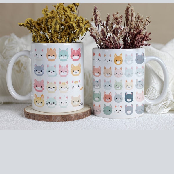 Kawaii Cats Design on 15oz Ceramic Mug, 15oz Cup for Cat Lovers, Whimsical   Kitties Coffee Mug, 15oz Ceramic Cup Gift Idea