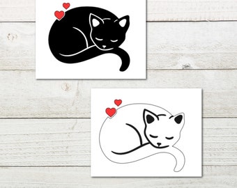 Sleeping Cat with heart Decal, Cute Cat, Black cat Decal, White Cat Sticker, 2 Vinyl Car decals, Vinyl cat decal for cat Lovers,