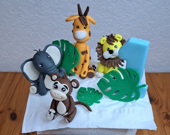 Fondant figures, cake decoration, 3D set jungle with name, 3 leaves and year