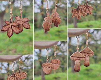 Boucles d'oreilles faites main, en bois de chêne, thème automne feuilles et fruits