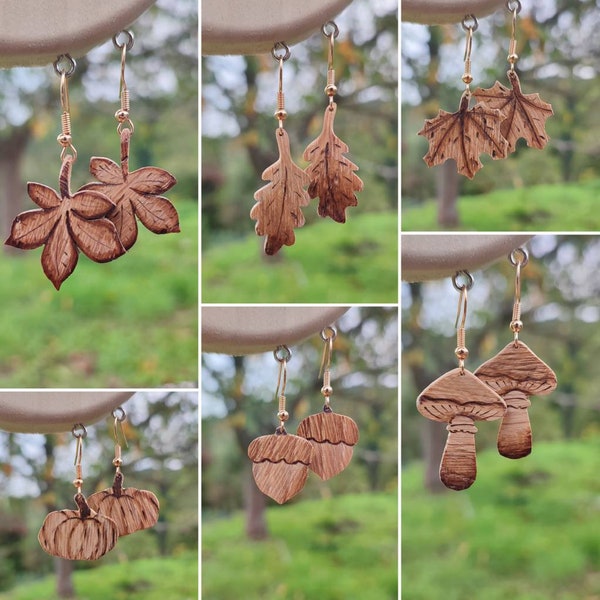 Boucles d'oreilles faites main, en bois de chêne, thème automne feuilles et fruits