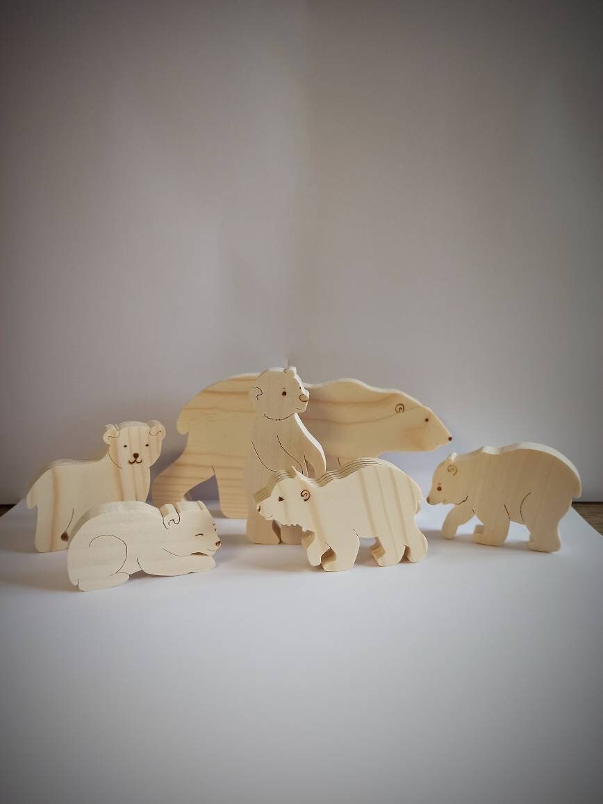 Animal Décoratif Famille Ours Polaire Blanc et Oursons Fait Main en Bois Massif