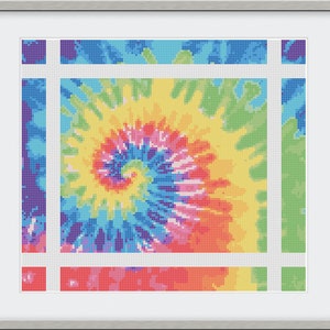 May include: A colourful tie-dye pattern in a square frame. The pattern is a swirl of blue, green, yellow, orange, pink, and red.
