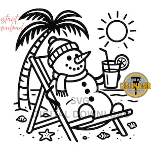 Puede incluir: Ilustración en blanco y negro de un muñeco de nieve relajándose en una silla de playa bajo una palmera. El muñeco de nieve lleva un gorro y una bufanda, sosteniendo una bebida con una rodaja de limón y disfrutando del sol. La imagen incluye el texto "Instant Download".