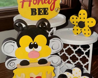 Bee Tiered Tray Decor Set | Wooden Bumblebee Shelf Sitters | Farmhouse Spring Kitchen Display