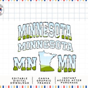 May include: A digital graphic design featuring the word "MINNESOTA" in a stylized font, repeated three times, along with the letters "MN" and a state outline. The design includes the text "EDITABLE DIGITAL DOWNLOAD", "CANVA GRAPHIC FRAMES", and "INSTANT ACCESS AFTER PURCHASE".