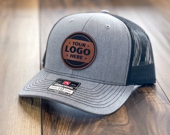 Custom Trucker Leather Patch Hat, Laser Engraved for Company brand, Personalized Logo or Text, Richardson Hats