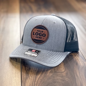 Custom Trucker Leather Patch Hat, Laser Engraved for Company brand, Personalized Logo or Text, Richardson Hats image 1