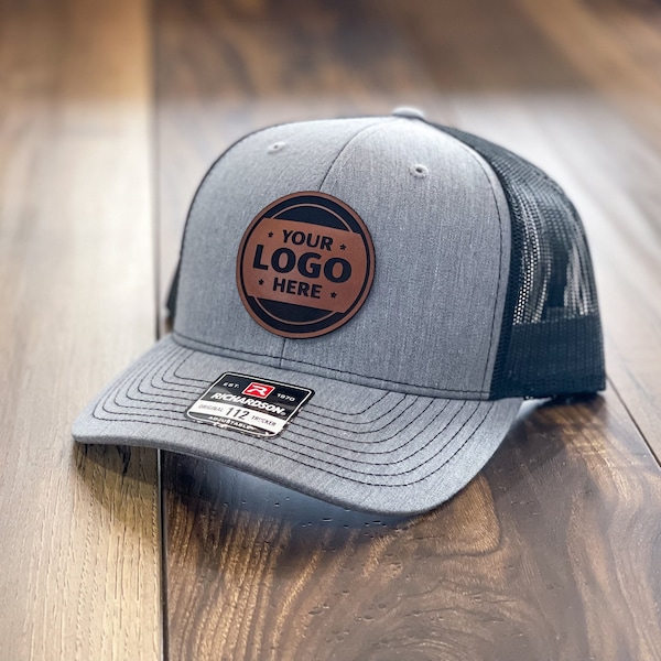 Custom Trucker Leather Patch Hat, Laser Engraved for Company brand, Personalized Logo or Text, Richardson Hats