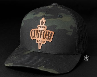 Personalized Leather Patch Trucker Hat – Laser Engraved Custom Design – Flexfit 6511
