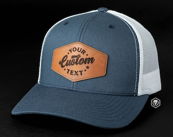 Personalized Leather Patch Trucker Hat: Custom Laser-Engraved Logo or Text – Yupoong 6606