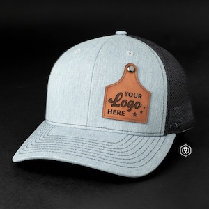Custom Ear Tag Trucker Leather Patch Hat, Laser Engraved for Company brand, Personalized Logo or Text, Richardson Hats, Cattle Tag
