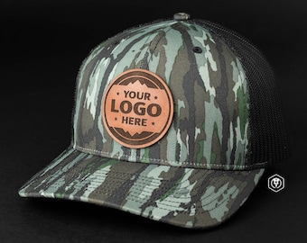 Custom Camo Leather Patch Trucker Hat, Laser Engraved for Company brand, Personalized Logo or Text, Richardson Hats, Cattle tag Patch