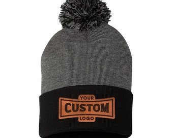 Personalized Leather Patch Pom Pom Beanie: Custom Logo Winter Hat