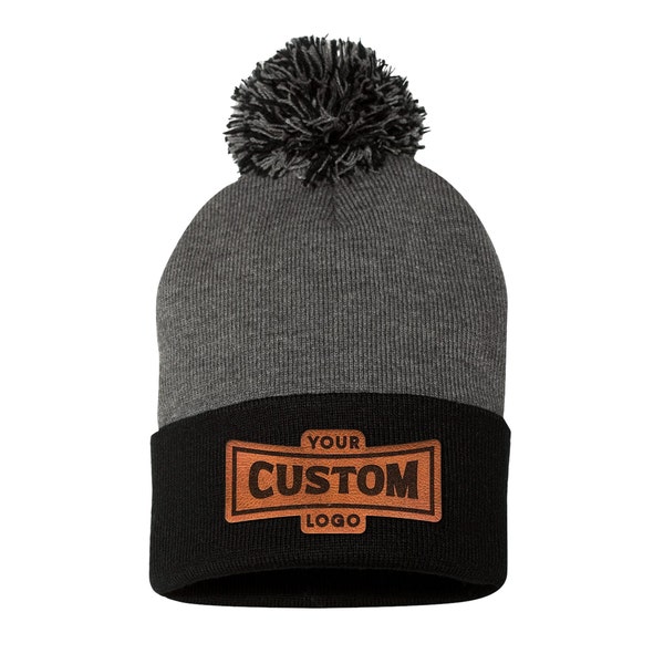 Personalized Laser Engraved Leather Patch Pom Pom Beanie, Custom Logo/Text, Ideal for Winter Gifts or Corporate Branding, Classic Winter Hat