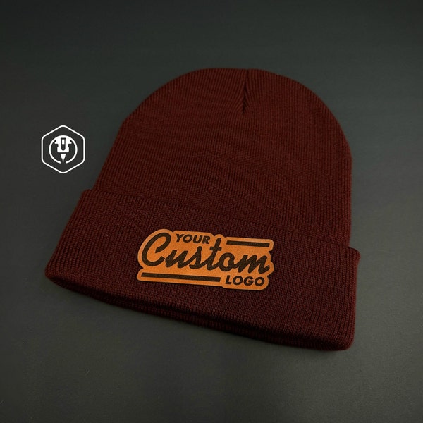 Custom Leather Patch Beanie, Personalized Logo or Text, winter hats,  Laser Engraved for Gifts or Company brand, Classic Winter Hat