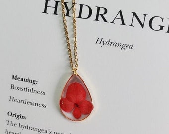 Red hydrangea teardrop necklace with 18" goldtone stainless steel necklace