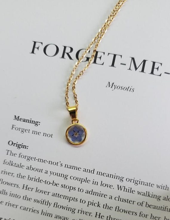 Pressed Forget me not Flower Pendant With 18 Goldtone Stainless