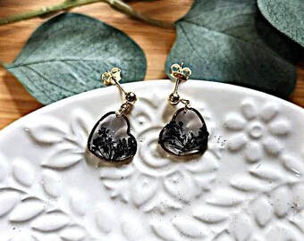 Black Queen Anne's lace floral earrings in gold-tone stainless steel posts. Heart.
