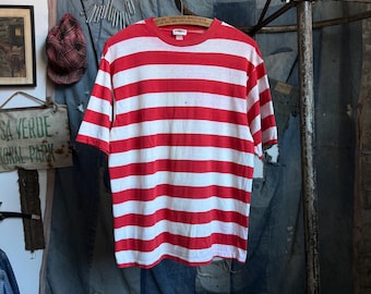 Vintage 1970’s Striped T-Shirt, Red & White Thick Stripes, Hanes Sport Knits Retro Striped Tee, Size Large