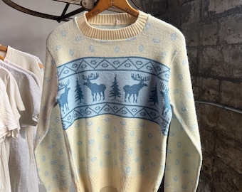1950’s Cream & Blue Winter Novelty Print Sweater | Moose and Pine Tree Motifs | Christmas Style Knit | Vintage Holiday Sweater | Acrylic