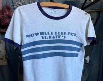Vintage 1970’s Champion Waterprint Blue Bar Ringer Tee, St. Kate’s College St. Paul MN, Retro 70s College T-Shirt, Size Small
