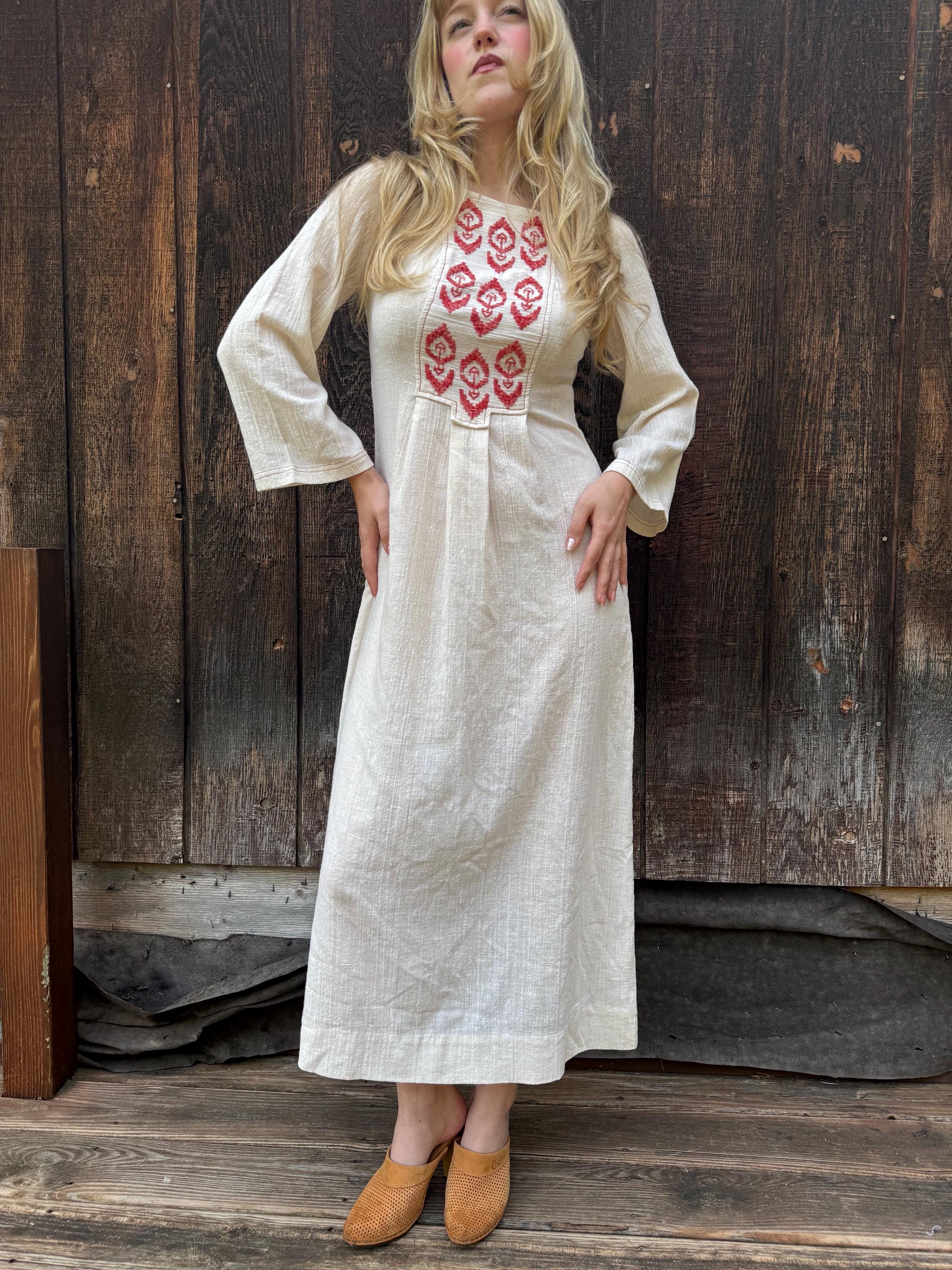 1970’s Boho Embroidered Maxi Dress | White Textured Linen | Vintage Folk Peasant Style | Long Sleeve Hippie Festival Dress