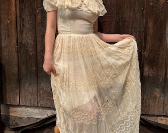 Vintage 1940’s Ivory Organdy Dress | Sheer Embroidered Eyelet | Ruched Bodice & Ruffle Collar | Romantic Garden Party Gown