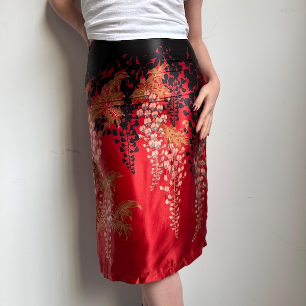 Vintage French Connection Red Silk Floral Skirt, Y2K Midi Skirt, Clubbing / Night Out Skirt, Size Small