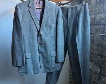 Vintage 1950’s Grey Wool Herringbone Suit, Midcentury Tailored Menswear, Talon Zipper, Sz 46 Jacket & 33” Waist Pants