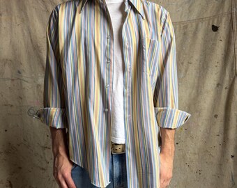 Vintage 1970’s Candy Colored Striped Button Up Shirt, Cotton Blend, Size Large