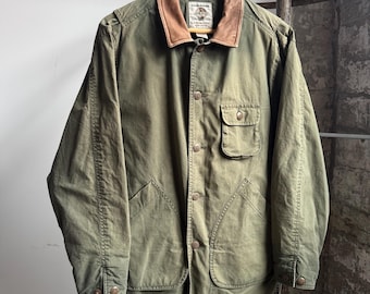 Chaqueta safari vintage de Banana Republic, verde oliva, talla XS, cuello de cuero, marca Heritage