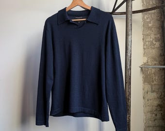 2000’s Banana Republic Extra Fine Italian Merino Wool Navy Striped Collared Pullover Sweater, Soft & Thin Cashmere Style Sweater, Large
