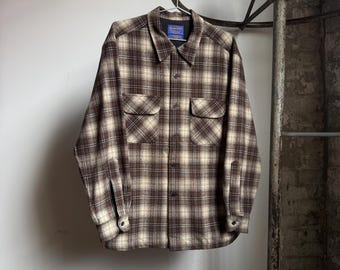 Vintage 2000s Pendleton Board Shirt, Brown & Cream Shadow Plaid, Size Large