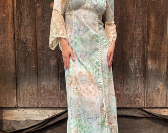 Vintage 1970’s Bohemian Style / Pastel Floral Print Maxi Dress / Gauze Cotton Blend / Lace Up Neck Line / Bell Sleeves / Crocheted Trim
