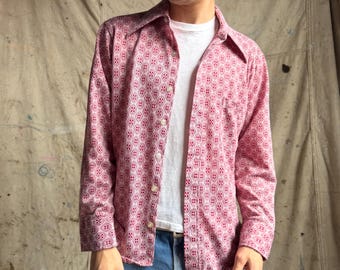 Vintage 1970’s Red Geometric Print Button Up Shirt, Size Medium