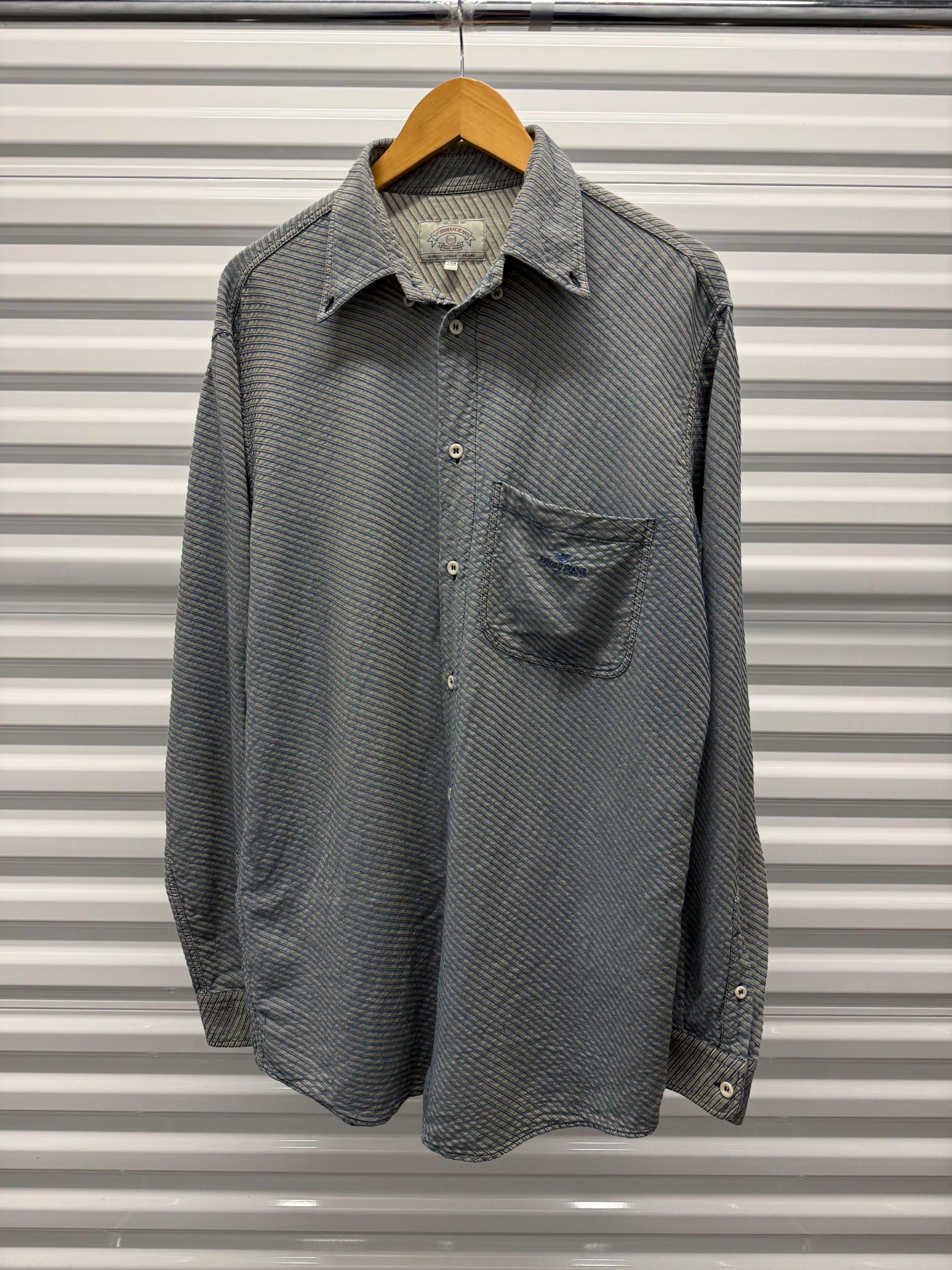 90s GIORGIO ARMANI DRESS　SHIRT DM698 Vtg 90s GIORGIO ARMANI Black Label Gray Pintripe Cotton Men