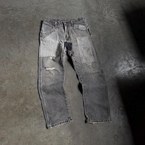 Vintage 1970’s Faded Charcoal Grey Repaired Denim Jeans, Rustler Denim Patchwork Work Pants, 30” Waist