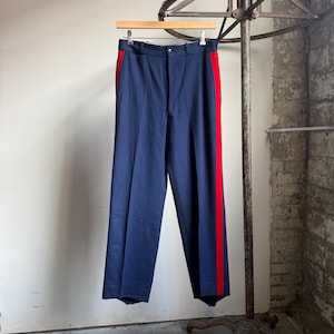 Vintage 1940’s Wool Buttonfly Trousers, Navy with Red Stripe Down Sides - Marching Band Trousers - 32” Waist