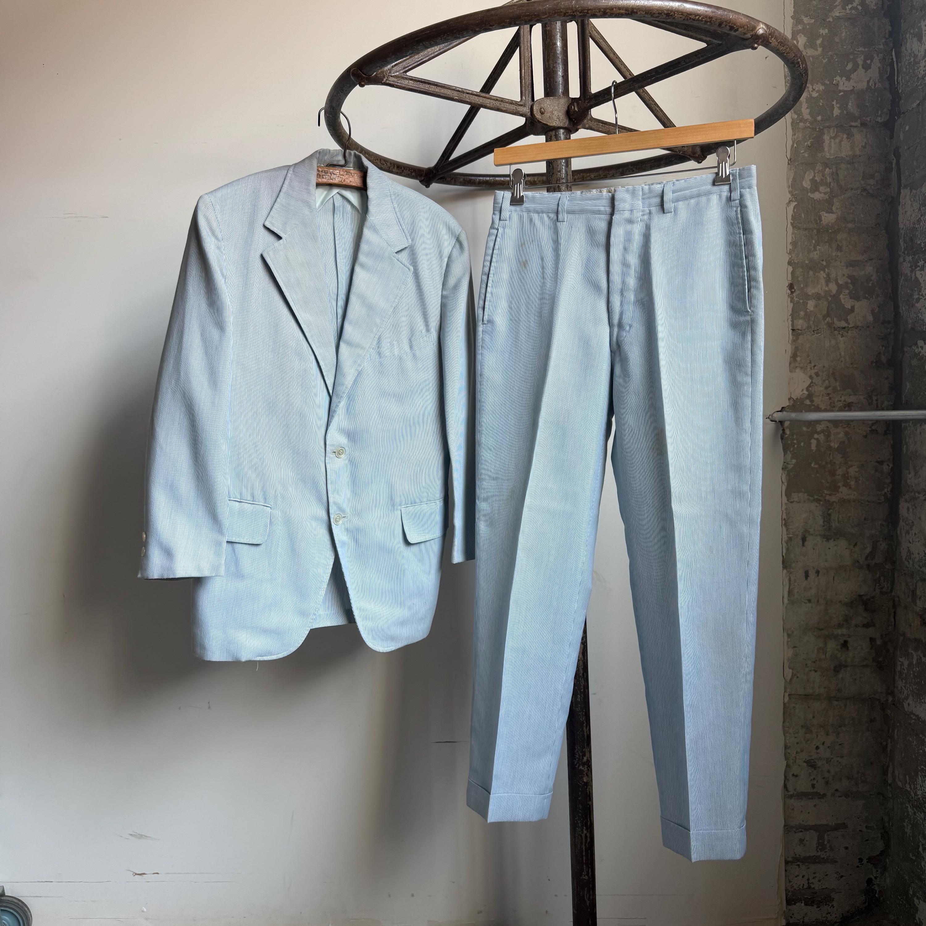 Vintage 1970's Blue and White Pinstripe Lightweight Summer Suit, Cotton Blend, Size 42