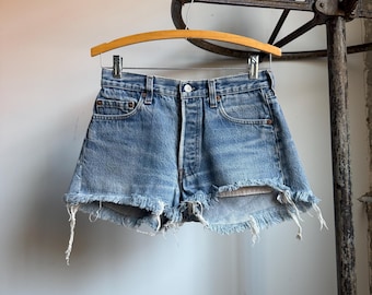 1980’s Levi’s Buttonfly Cutoff Jean Shorts, Levi’s 501, Lightwash Denim Jorts, Femme Cut Denim Booties, 26” Waist